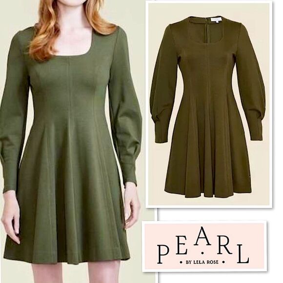Dresses & Skirts - Pearl by Lela Rose Ponte Square Neck Dress Olive Green Long Sleeve A Line 0 Rare